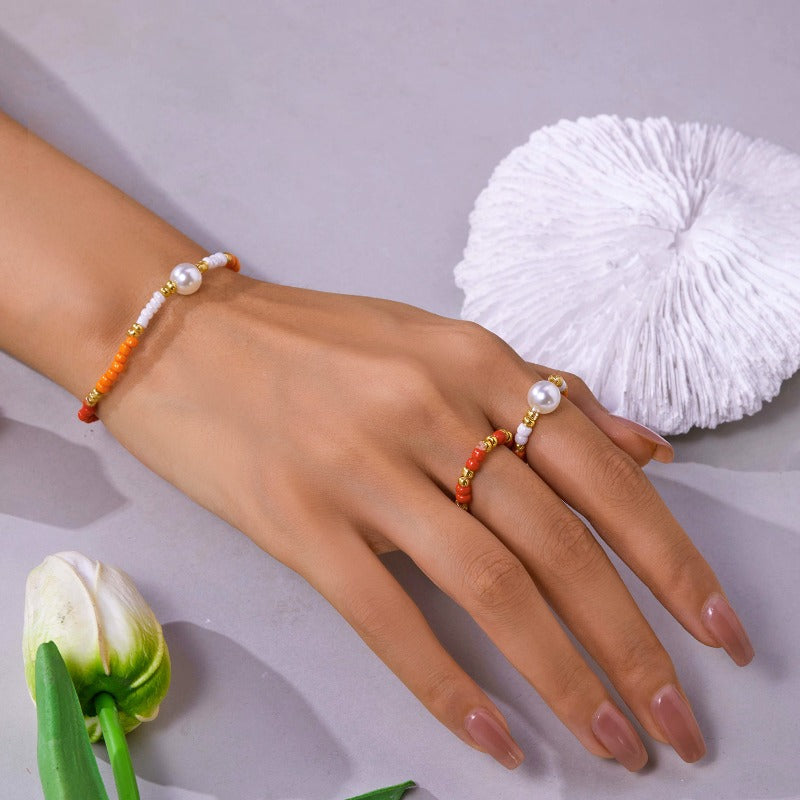 Wholesale Bohemian Colorful Rice Beads Necklace Bracelet Ring Three-piece Set ACC-NE-YingHao009