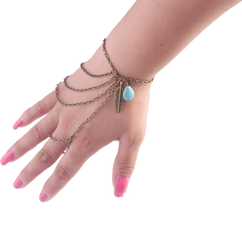 Wholesale retro style leaves turquoise tassel multi-layer finger bracelet