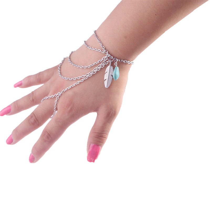 Wholesale retro style leaves turquoise tassel multi-layer finger bracelet