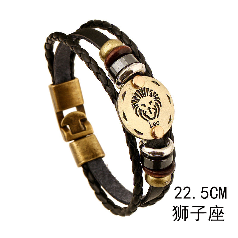 Wholesale Twelve Constellations Cowhide Bracelet Multi-layer Vintage Woven Genuine Leather Bracelet ACC-BT-PK009