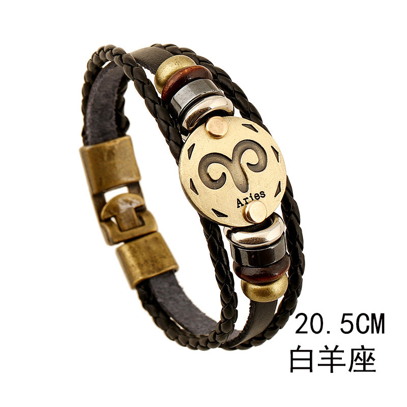 Wholesale Twelve Constellations Cowhide Bracelet Multi-layer Vintage Woven Genuine Leather Bracelet ACC-BT-PK009