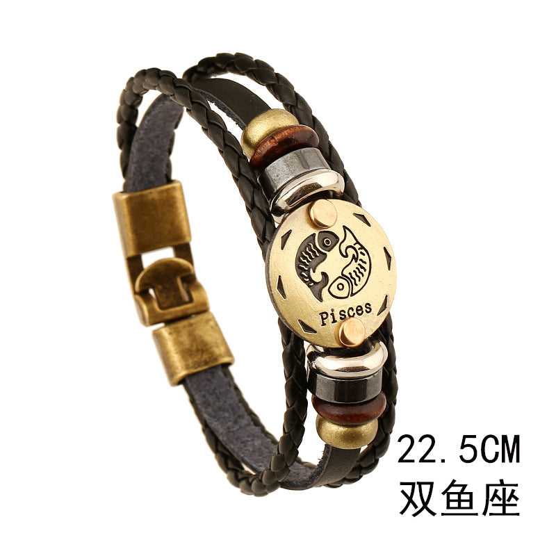 Wholesale Twelve Constellations Cowhide Bracelet Multi-layer Vintage Woven Genuine Leather Bracelet ACC-BT-PK009