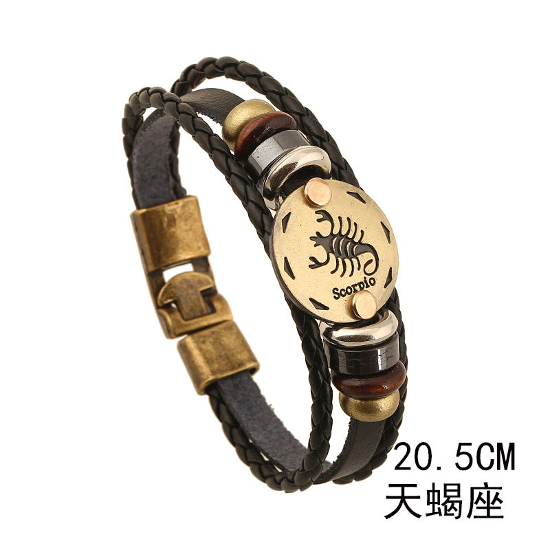 Wholesale Twelve Constellations Cowhide Bracelet Multi-layer Vintage Woven Genuine Leather Bracelet ACC-BT-PK009