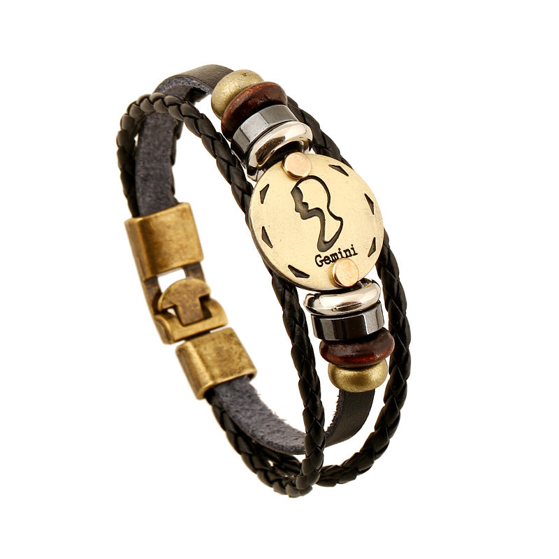 Wholesale Twelve Constellations Cowhide Bracelet Multi-layer Vintage Woven Genuine Leather Bracelet ACC-BT-PK009