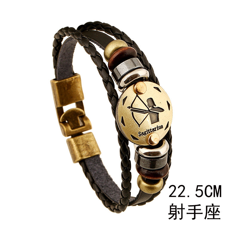Wholesale Twelve Constellations Cowhide Bracelet Multi-layer Vintage Woven Genuine Leather Bracelet ACC-BT-PK009