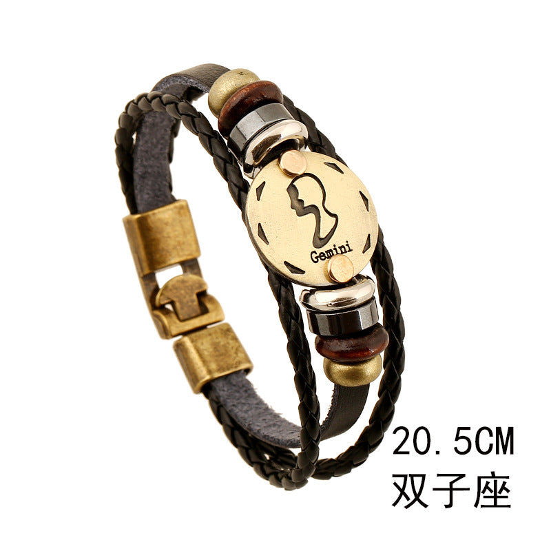 Wholesale Twelve Constellations Cowhide Bracelet Multi-layer Vintage Woven Genuine Leather Bracelet ACC-BT-PK009