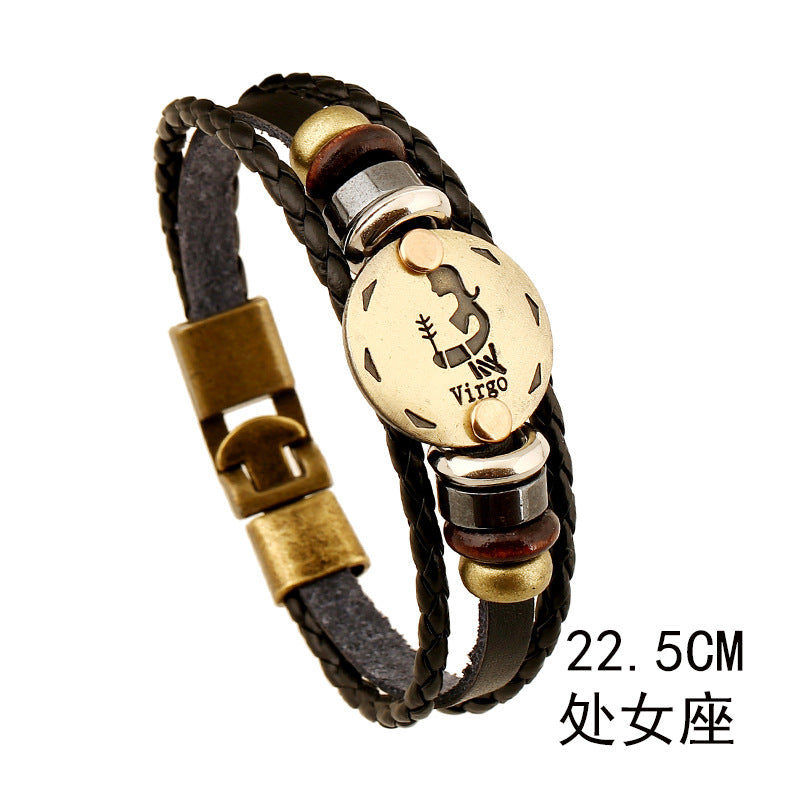Wholesale Twelve Constellations Cowhide Bracelet Multi-layer Vintage Woven Genuine Leather Bracelet ACC-BT-PK009