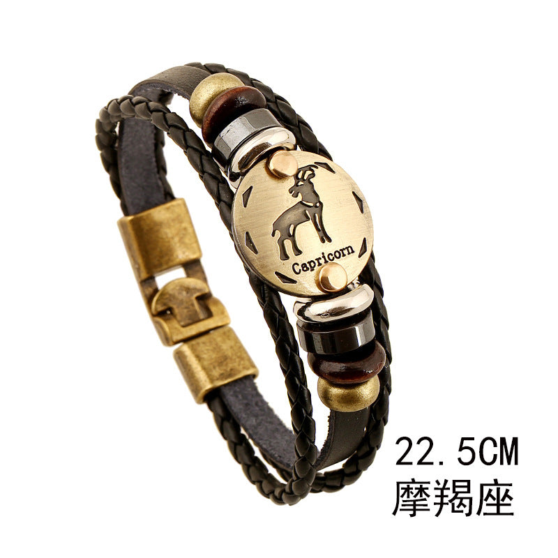 Wholesale Twelve Constellations Cowhide Bracelet Multi-layer Vintage Woven Genuine Leather Bracelet ACC-BT-PK009