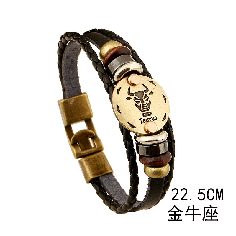 Wholesale Twelve Constellations Cowhide Bracelet Multi-layer Vintage Woven Genuine Leather Bracelet ACC-BT-PK009