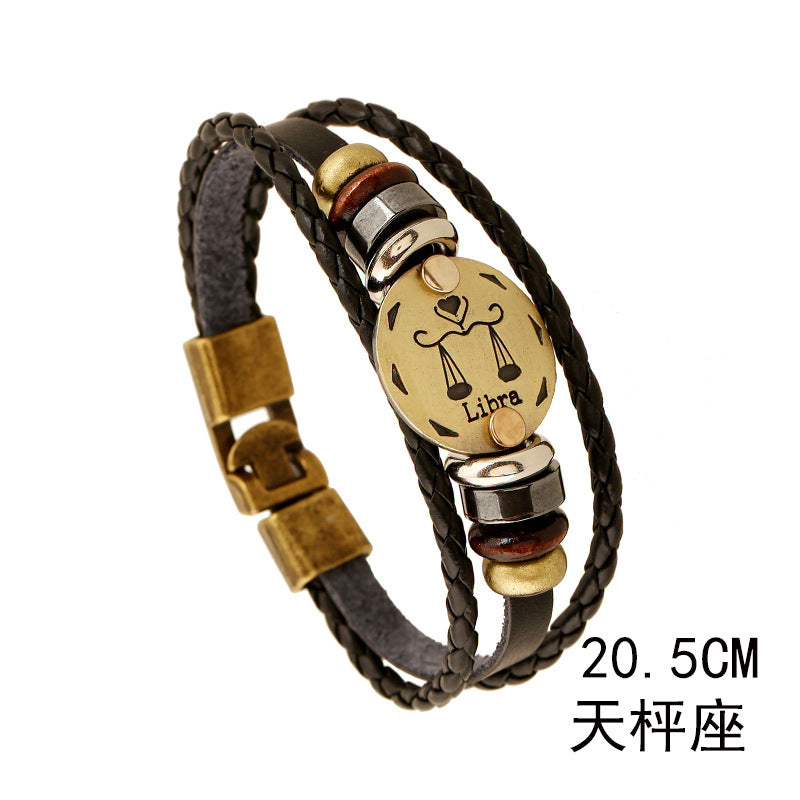 Wholesale Twelve Constellations Cowhide Bracelet Multi-layer Vintage Woven Genuine Leather Bracelet ACC-BT-PK009