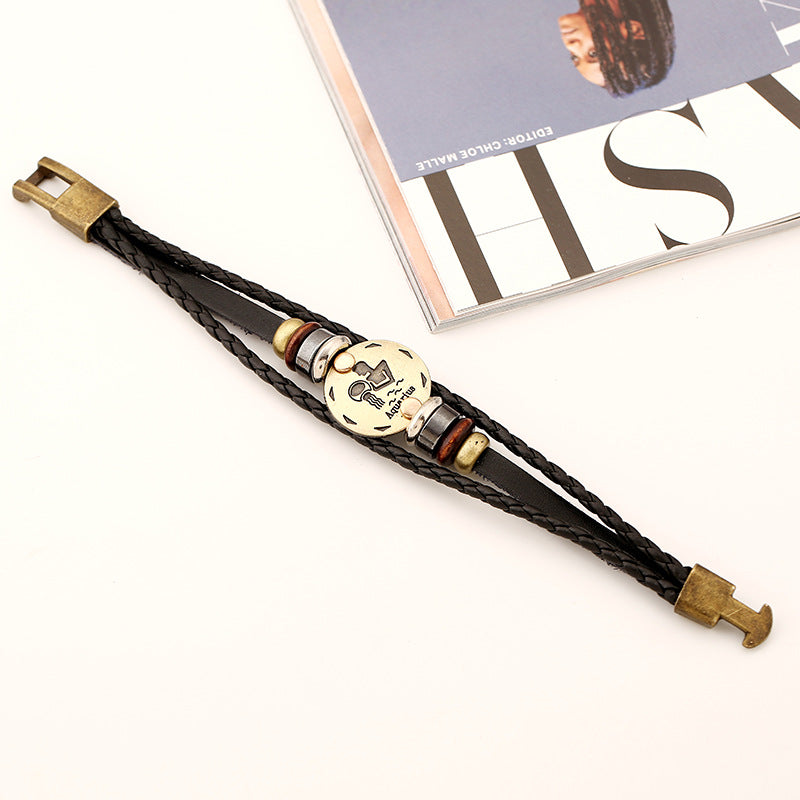 Wholesale Twelve Constellations Cowhide Bracelet Multi-layer Vintage Woven Genuine Leather Bracelet ACC-BT-PK009