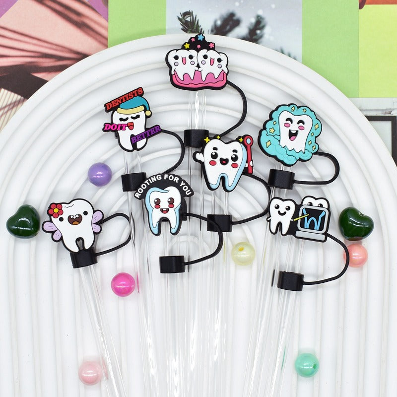 Wholesale random 100pcs Teeth Care Series 10mm PVC Soft Straw Tube Cap  ACC-SCR-RYY113