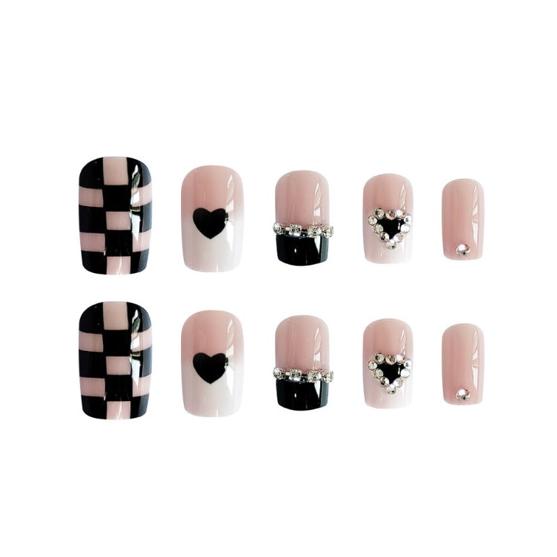 Wholesale 24 Pieces/box Valentine's Day Black Checkerboard Nails Kits Nail Stickers ACC-NS-QXJ057