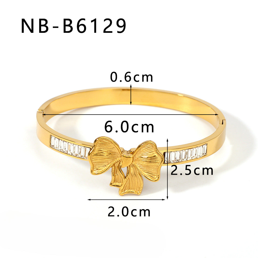 Wholesale Bow Inlaid Zircon Asymmetric Stainless Steel 18k Gold Plated Buckle Bracelet ACC-BT-XinY028