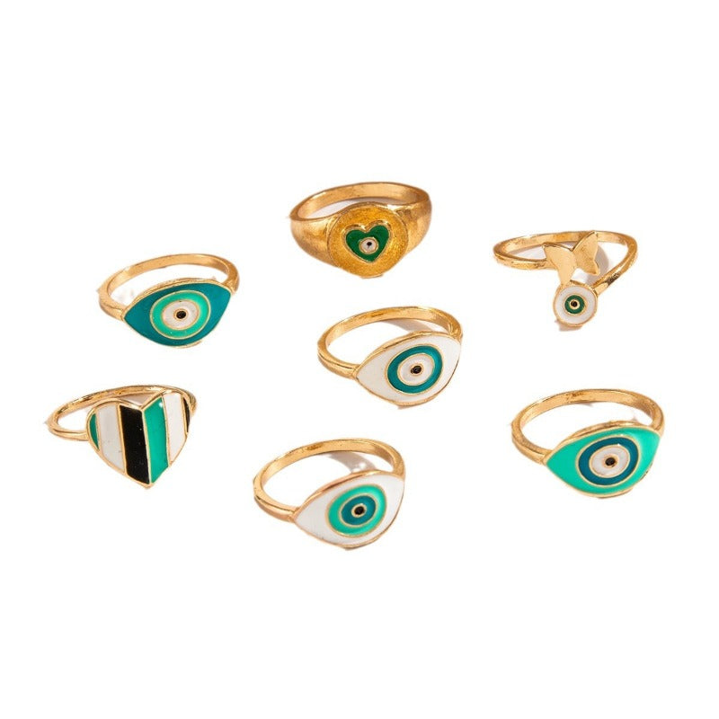 Wholesale Oil Dripping Eyes Love Ring Set Butterfly Joint Ring Seven-piece Set ACC-RS-YongGe009