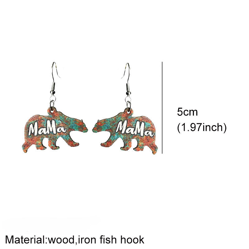 Wholesale 2 pairs/pack Mother's Day MAMA Bear Retro Distressed Wooden Earrings ACC-ES-HY003