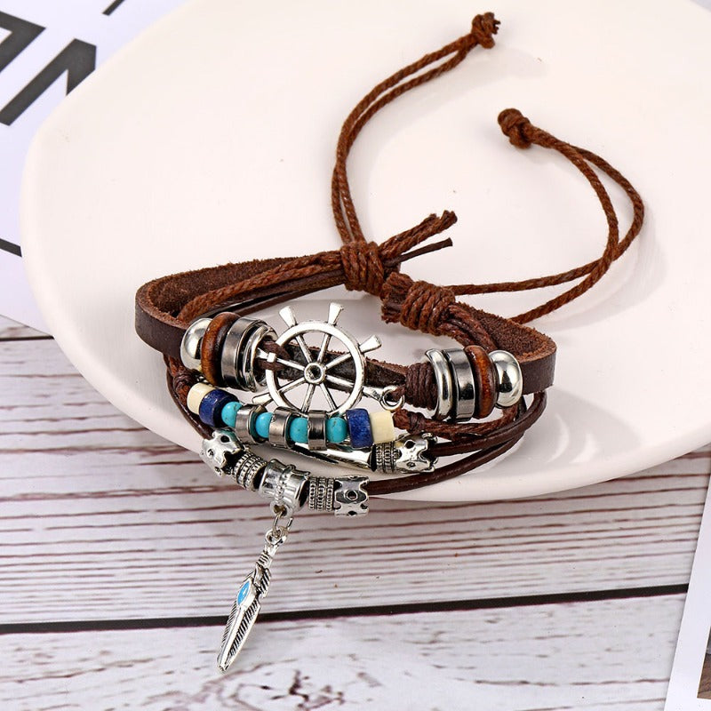 Wholesale Turquoise Multi-layer Leather Men's Bracelet ACC-BT-HanSJ004