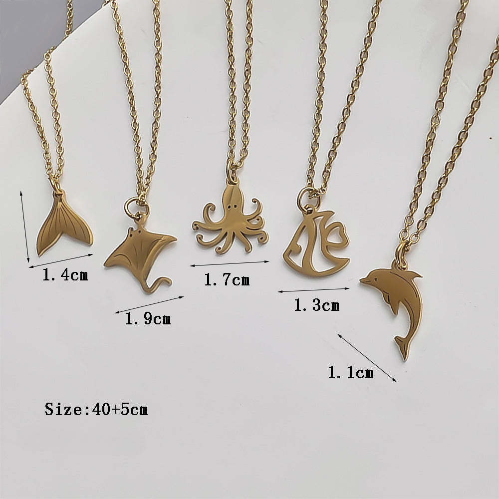 Wholesale Stainless Steel Ocean Series 18K Gold Fishtail Dolphin Pendant Necklaces ACC-NE-Youbi007