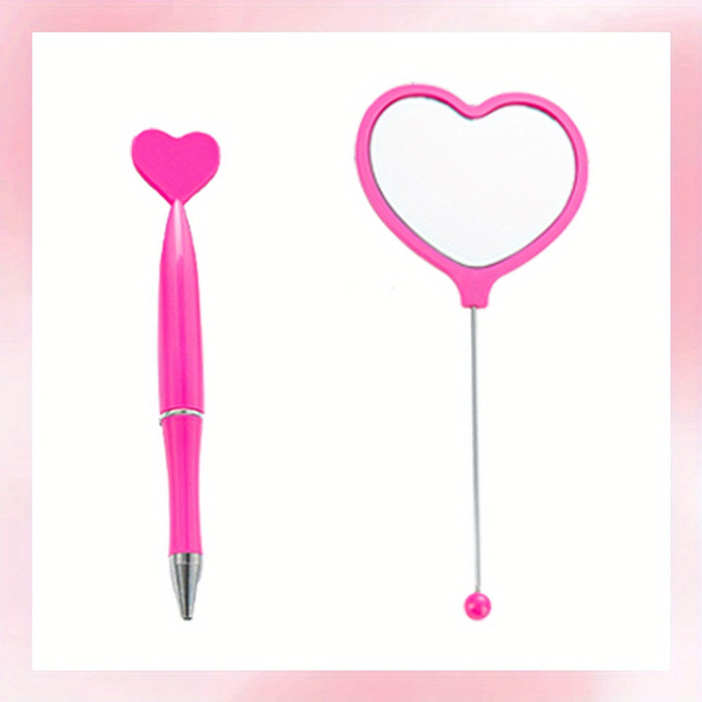 2pcs/set DIY Beadable Handle Mirror and Heart Shaped Pen Combination DIY Gift Office Gift Random Makeup Mirror