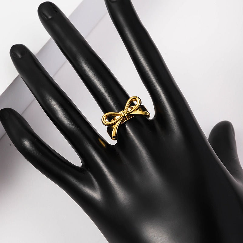 Wholesale Ribbon Knot Heart Shape 18K Real Gold Adjustable Ring ACC-RS-RuiX001