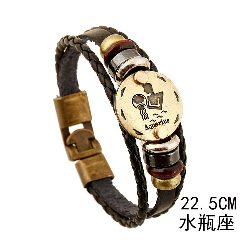 Wholesale Twelve Constellations Cowhide Bracelet Multi-layer Vintage Woven Genuine Leather Bracelet ACC-BT-PK009