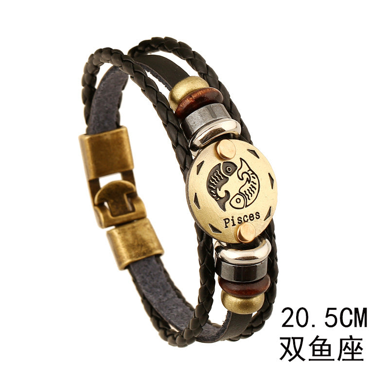 Wholesale Twelve Constellations Cowhide Bracelet Multi-layer Vintage Woven Genuine Leather Bracelet ACC-BT-PK009