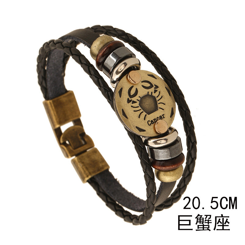 Wholesale Twelve Constellations Cowhide Bracelet Multi-layer Vintage Woven Genuine Leather Bracelet ACC-BT-PK009