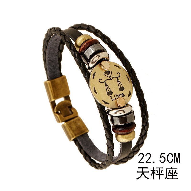 Wholesale Twelve Constellations Cowhide Bracelet Multi-layer Vintage Woven Genuine Leather Bracelet ACC-BT-PK009