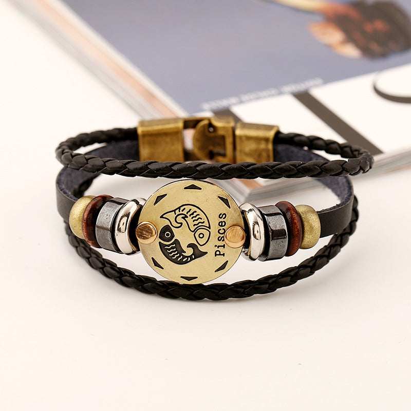 Wholesale Twelve Constellations Cowhide Bracelet Multi-layer Vintage Woven Genuine Leather Bracelet ACC-BT-PK009