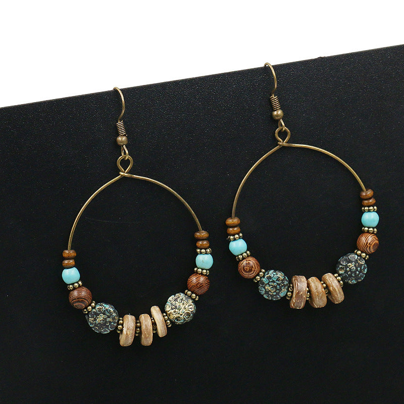Wholesale Ethnic Style Large Circle Metal Earrings with Wooden Beads and Turquoise Accents,  Fashion Accessory for Resale