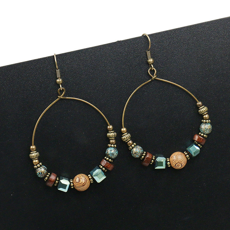 Wholesale Ethnic Style Large Circle Metal Earrings with Wooden Beads and Turquoise Accents,  Fashion Accessory for Resale