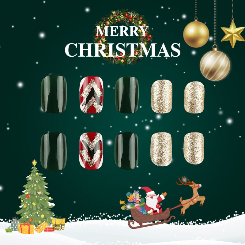 Wholesale 24 Pieces/box Christmas Glitter Dark Green Nails Kits Nail Stickers ACC-NS-MiKe015