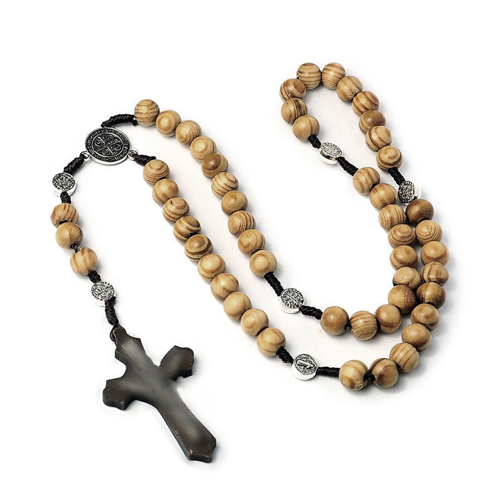 Wholesale Natural Wood Beads Cross Rosary Necklace Handwoven ACC-NE-Chengz002
