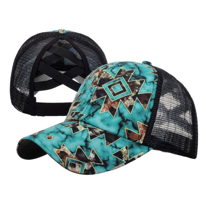 Wholesale Western Style Aztec Cow Print Leopard Mesh Cap Ponytail Cap Baseball Cap Hat ACC-HT-RongZhao005