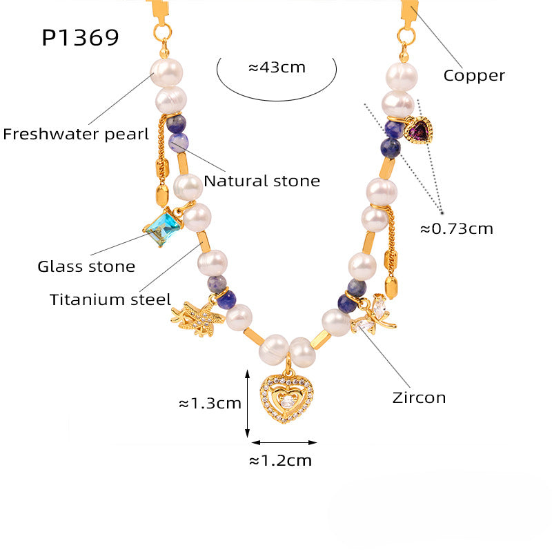 Wholesale Natural Stone Spliced Freshwater Pearl Zircon Pendant Titanium Steel Necklace ACC-NE-Fangt005