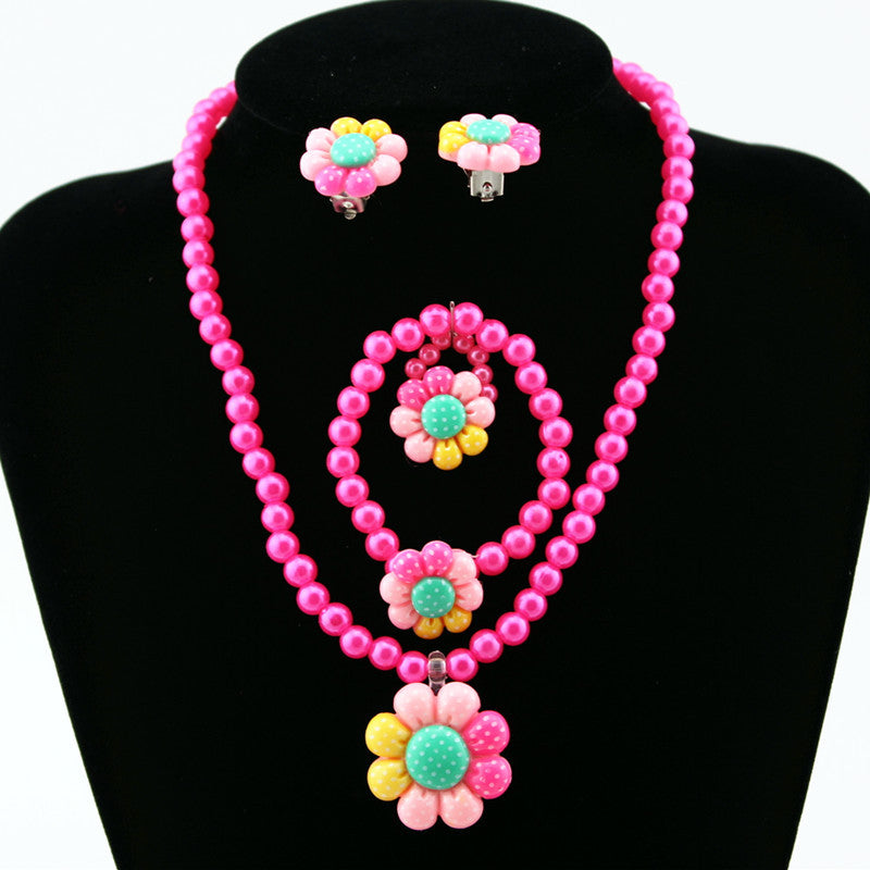 Wholesale Children's Resin Necklace Bracelet Ring Earring Set Cartoon Flower Artificial Pearl Necklace Set ACC-NE-ShuangDe004