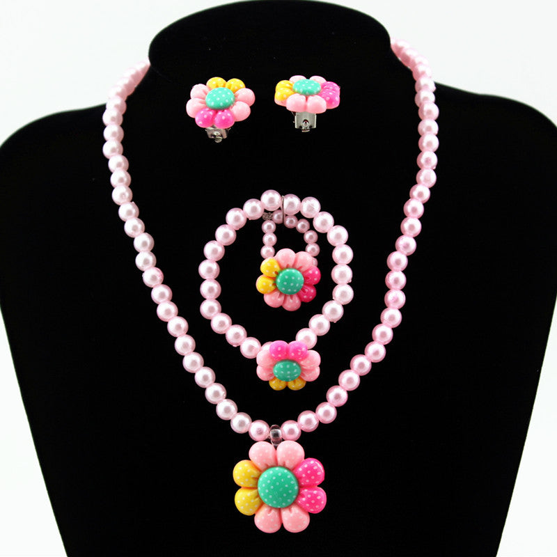 Wholesale Children's Resin Necklace Bracelet Ring Earring Set Cartoon Flower Artificial Pearl Necklace Set ACC-NE-ShuangDe004