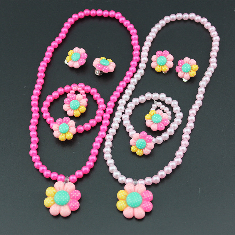 Wholesale Children's Resin Necklace Bracelet Ring Earring Set Cartoon Flower Artificial Pearl Necklace Set ACC-NE-ShuangDe004
