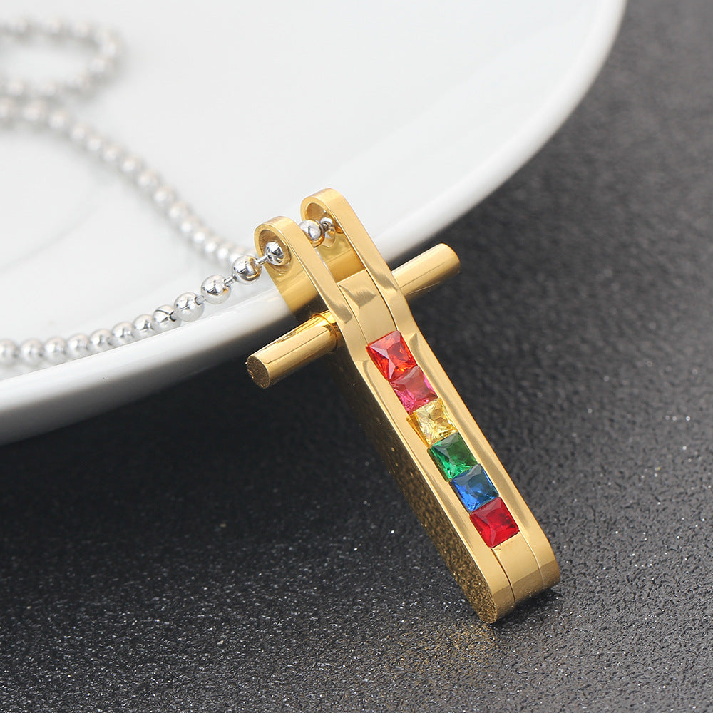 Wholesale Colorful Cross Rainbow Seven Colors Diamond Titanium Steel Necklace ACC-NE-ZhongJi004