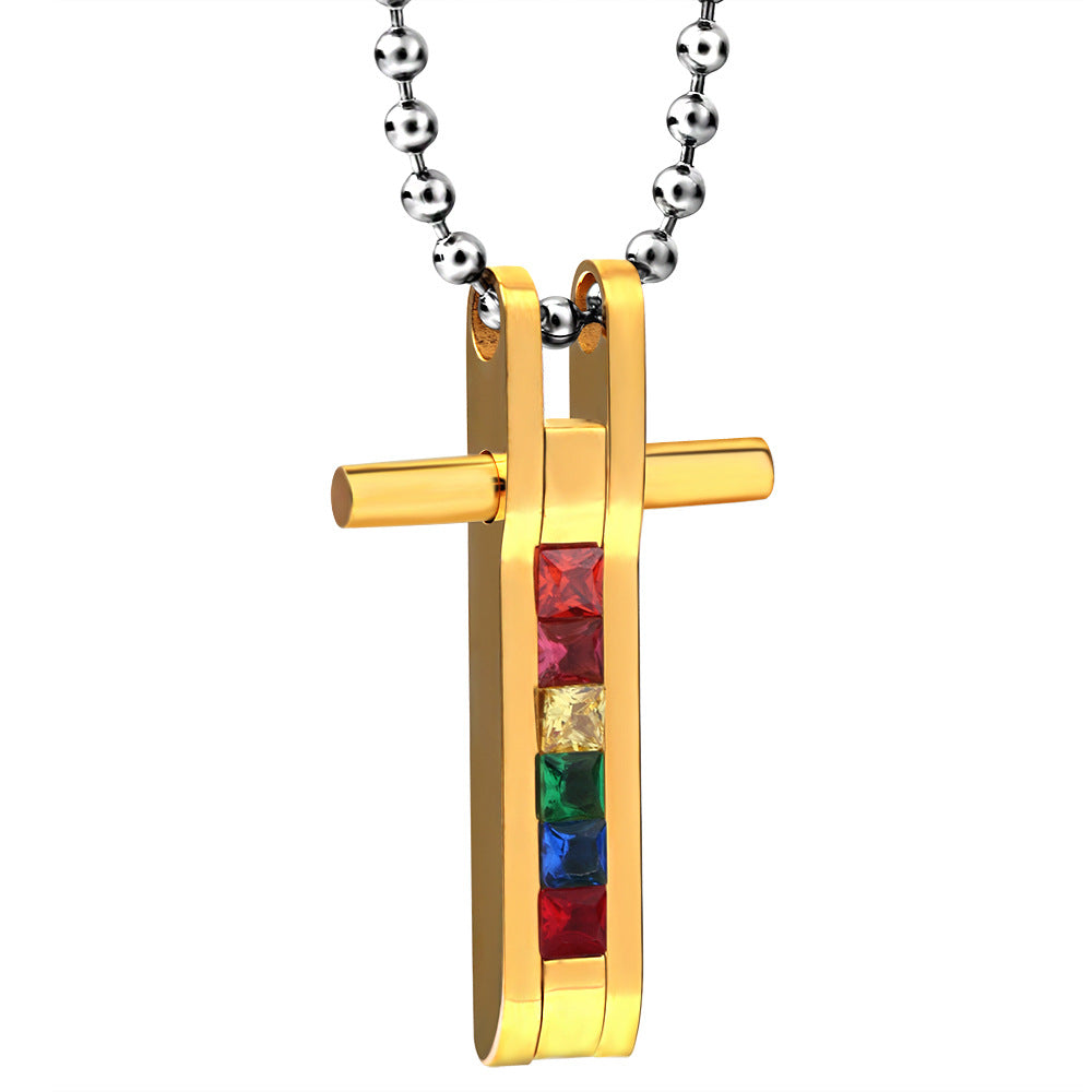 Wholesale Colorful Cross Rainbow Seven Colors Diamond Titanium Steel Necklace ACC-NE-ZhongJi004