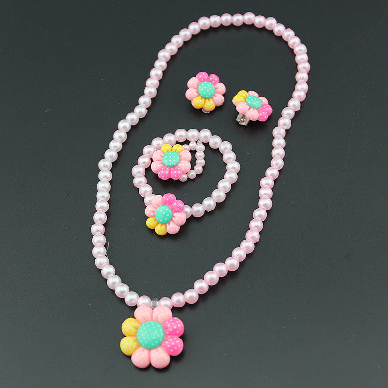Wholesale Children's Resin Necklace Bracelet Ring Earring Set Cartoon Flower Artificial Pearl Necklace Set ACC-NE-ShuangDe004