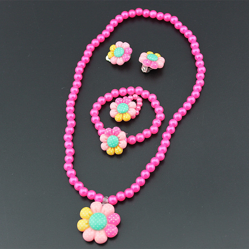 Wholesale Children's Resin Necklace Bracelet Ring Earring Set Cartoon Flower Artificial Pearl Necklace Set ACC-NE-ShuangDe004