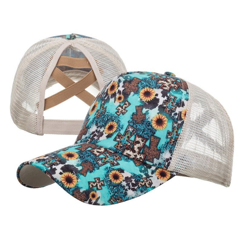 Wholesale Western Style Aztec Cow Print Leopard Mesh Cap Ponytail Cap Baseball Cap Hat ACC-HT-RongZhao005