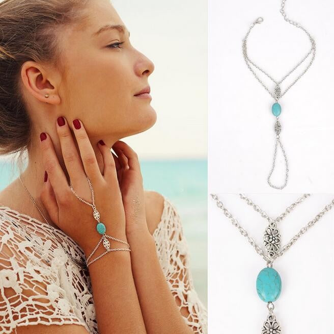 Wholesale Retro Geometric Turquoise Hollow Carved Hand Chain For Women Fashion Jewelry Accessory Boutique Resale
