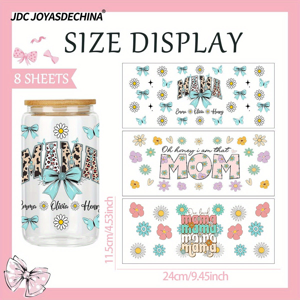 8pcs MAMA UV DTF Cup Wraps Rub-On Transfer Paper, High-Quality UV DTF Cup Wraps for 16 OZ Libbey Glass Can, Water Bottle, Cup - Waterproof, Durable Plastic Material, DIY Decoration