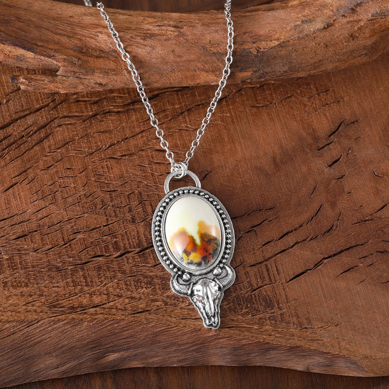 Wholesale Western Style Bull Head Flower Oval Pendant Necklace ACC-NE-zhiyu001