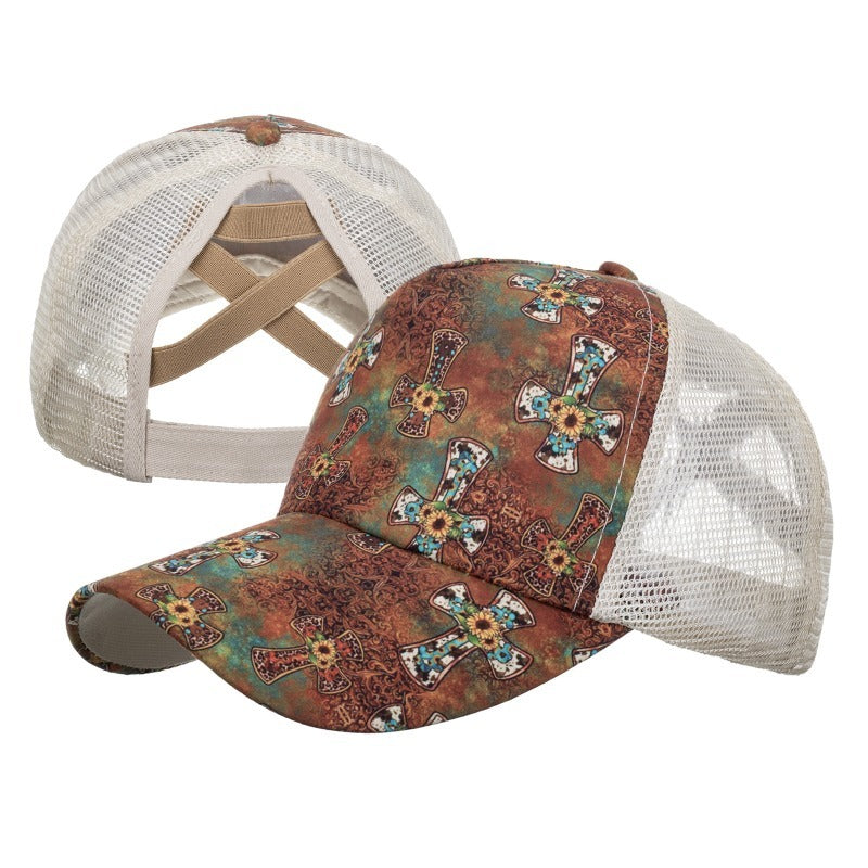 Wholesale Western Style Aztec Cow Print Leopard Mesh Cap Ponytail Cap Baseball Cap Hat ACC-HT-RongZhao005