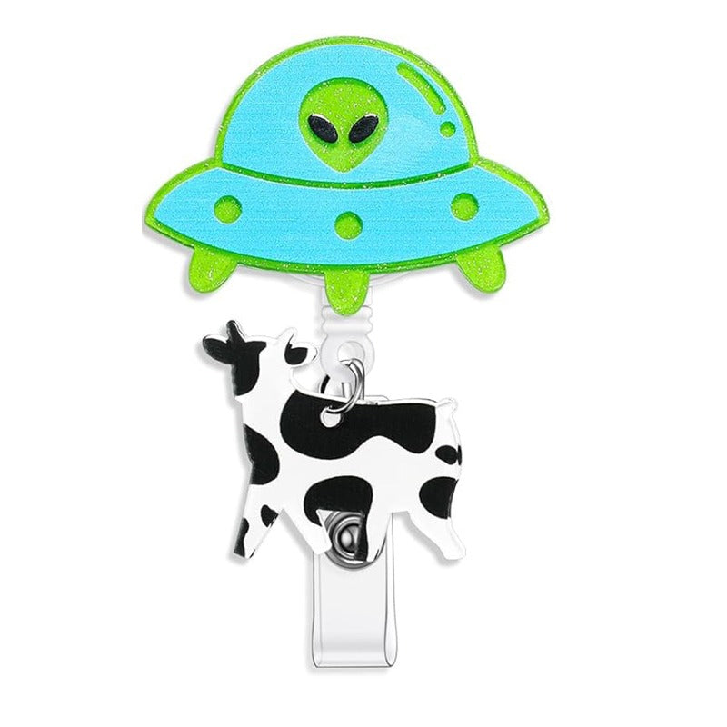 Wholesale Acrylic Glitter Alien Cow Retractable Rotating Badge Keychain ACC-KC-QiDing010