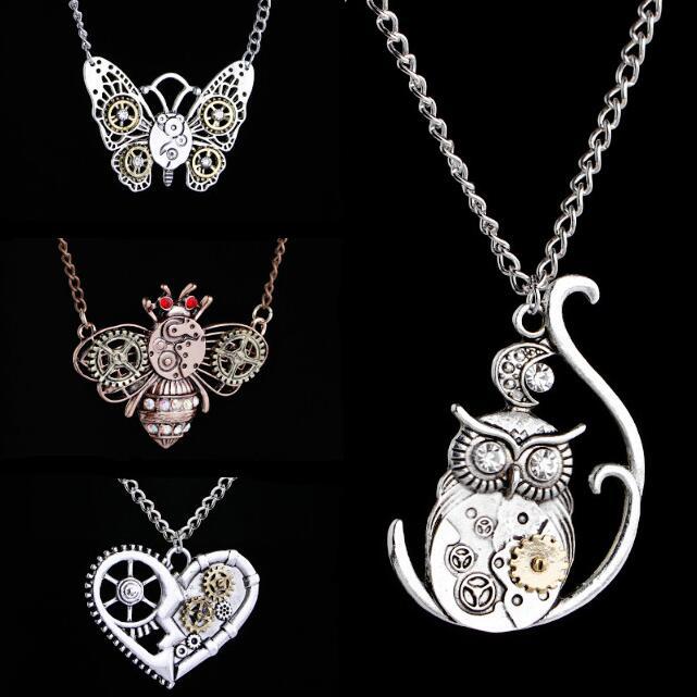 Wholesale Steampunk Heart Mechanical Gear Clavicle Necklace Retro Insect Owl Pendant Chic Jewelry Accessory Gift For Unisex
