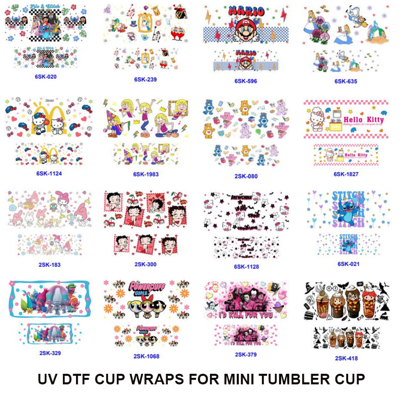 Wholesale Mix 16pcs Cartoon UV DTF Cup Wraps for Mini Tumbler Cup Keychains Accessories DIY Gift Cup Sticker Gift ACC-UDW-OSM020